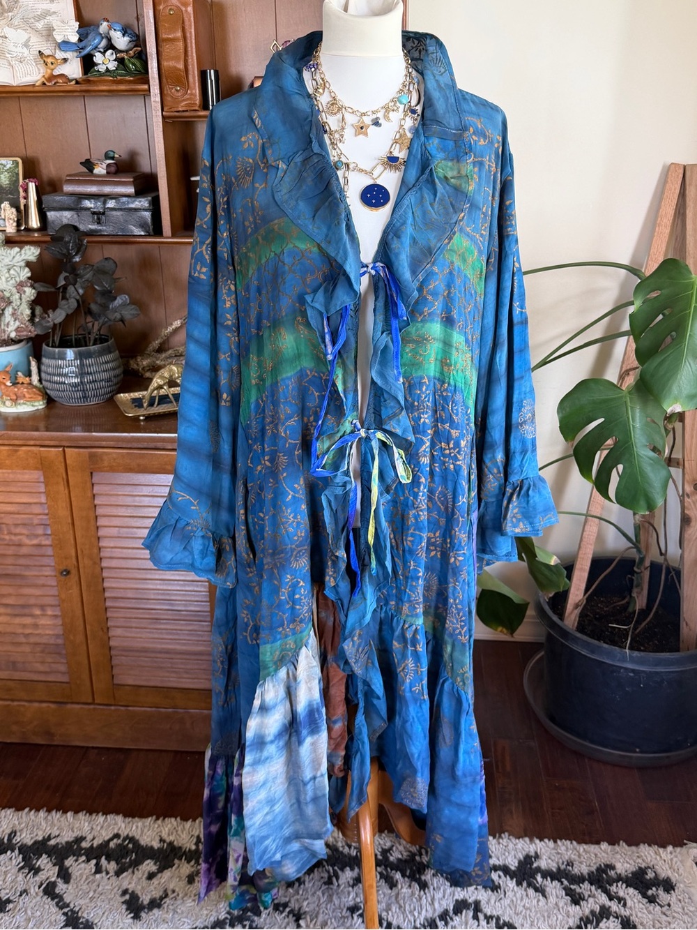 Kantha Bae Silk L/S Pixie Kimono Ruffled Tie-Front Duster in Blue/Green OS